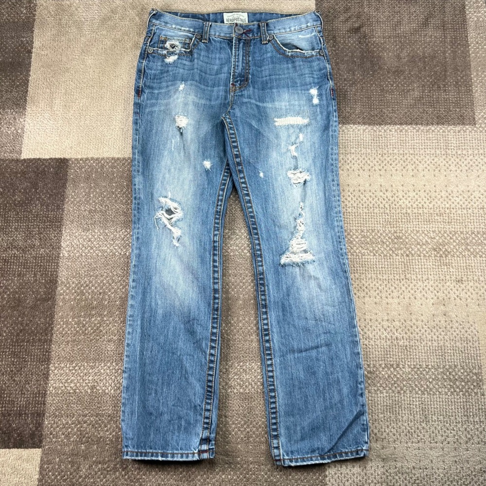Aeropostale Essex Straight Leg Jeans Mens 31x32 Distressed Blue Denim